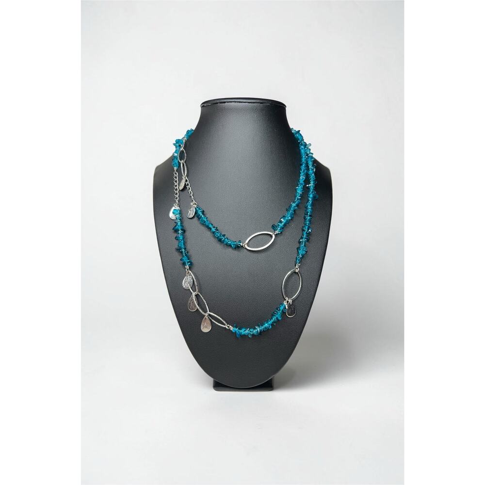 LOFT Blue Chip Stone 30”  Boho Necklace Silver Tone NWT